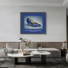 Yves Saint Laurent midnight blue heels art print with sky blue and white trim displayed in a contemporary living room