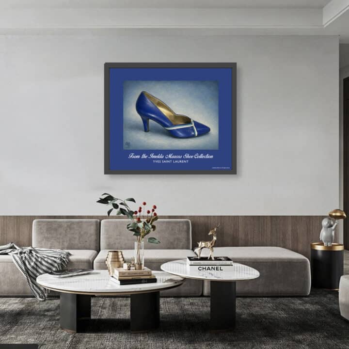 Yves Saint Laurent midnight blue heels art print with sky blue and white trim displayed in a contemporary living room