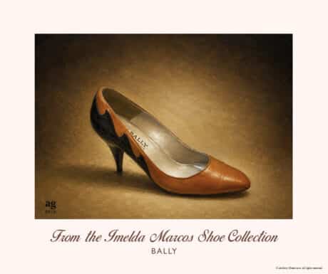 Bally Cinnamon Leather Pumps from the famous Imelda Marcos Shoe Collection, reproduced as a museum-quality fine art giclée print by artist A. J. Green.