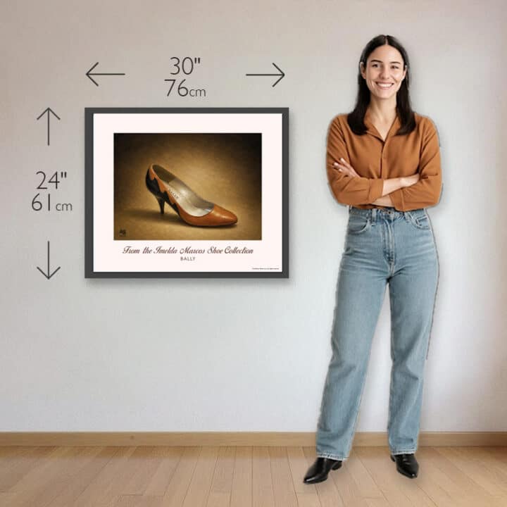 Framed Bally Cinnamon Leather Pumps museum-quality art print measuring 30 × 24 inches (76 × 61 cm), shown beside a standing woman for size comparison.