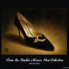 Beltrami black suede sculpted heel shoe with gold leaf and pearl ornament from the Imelda Marcos Shoe Collection, reproduced as a museum-quality fine art print.