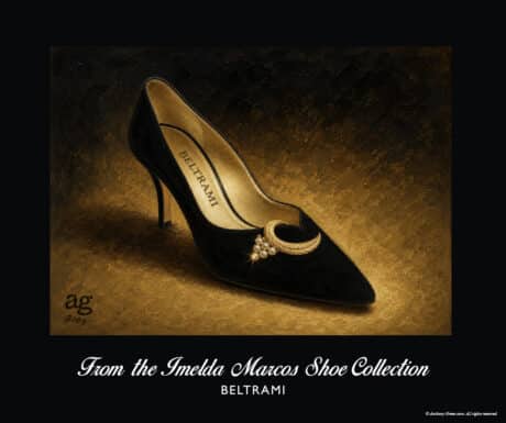 Beltrami black suede sculpted heel shoe with gold leaf and pearl ornament from the Imelda Marcos Shoe Collection, reproduced as a museum-quality fine art print.