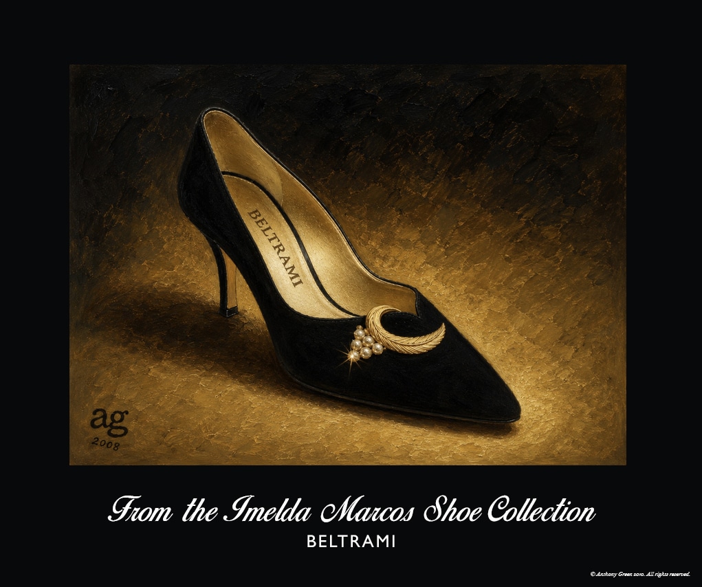 Beltrami black suede sculpted heel shoe with gold leaf and pearl ornament from the Imelda Marcos Shoe Collection, reproduced as a museum-quality fine art print.