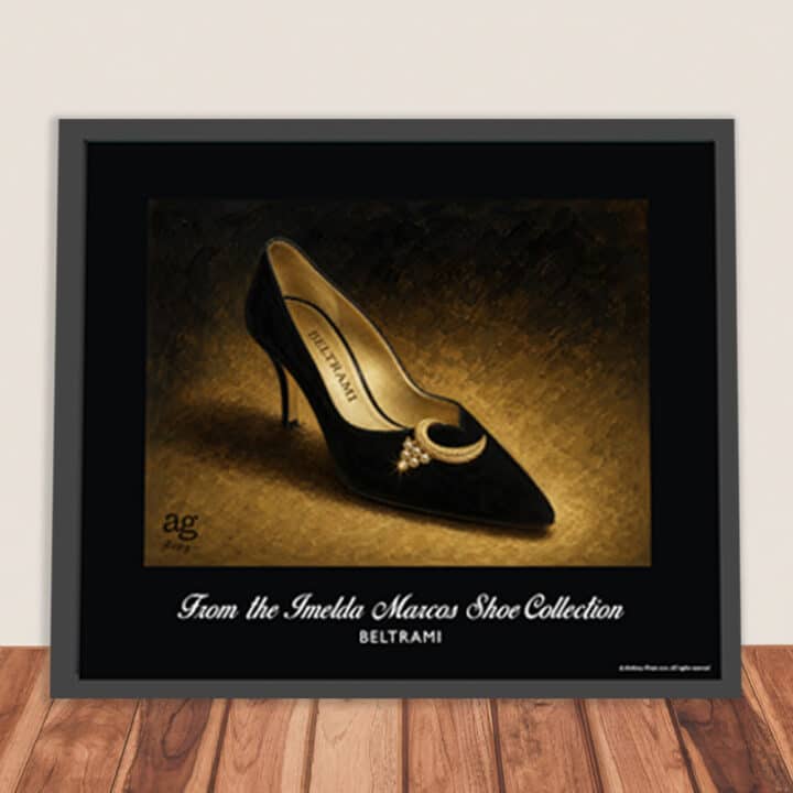 Framed Beltrami shoe print from the Imelda Marcos Shoe Collection displayed leaning against a wall as museum-quality luxury wall art.