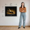 Framed Beltrami shoe print from the Imelda Marcos Shoe Collection with dimensions shown beside a standing woman for size comparison.