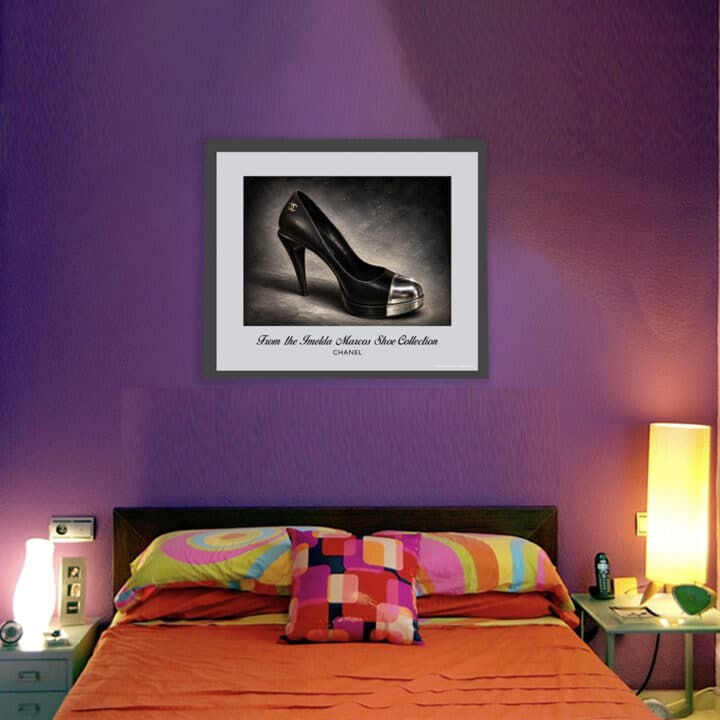 Chanel Imelda Marcos Shoe Print framed as wall art in a colourful bedroom setting