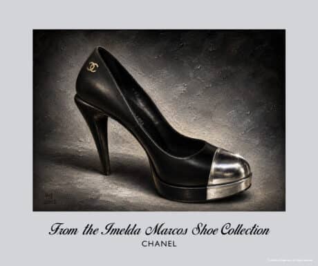 Chanel Imelda Marcos Shoe Print featuring black lambskin platform pump with metallic silver toe cap
