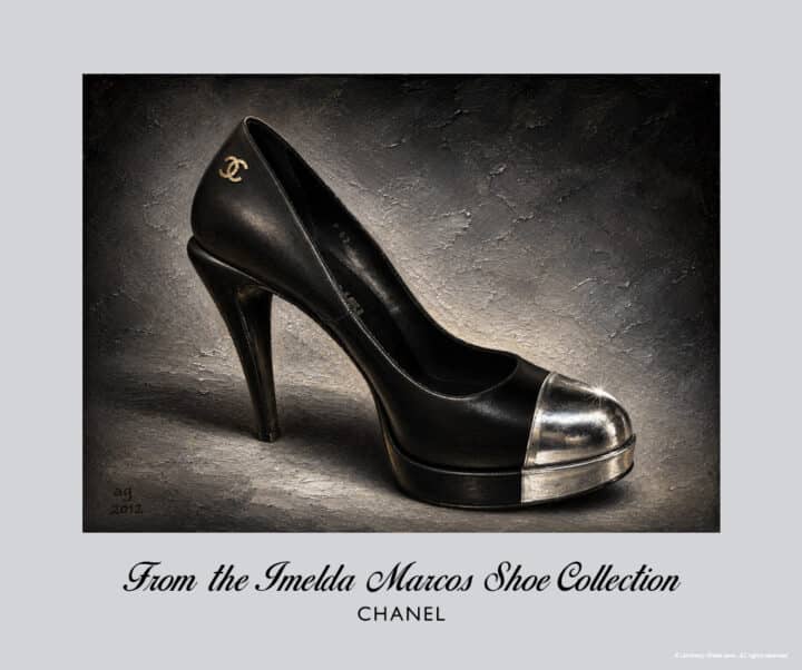 Chanel Imelda Marcos Shoe Print featuring black lambskin platform pump with metallic silver toe cap
