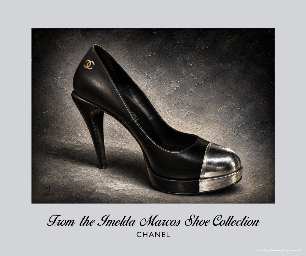 Chanel Imelda Marcos Shoe Print featuring black lambskin platform pump with metallic silver toe cap