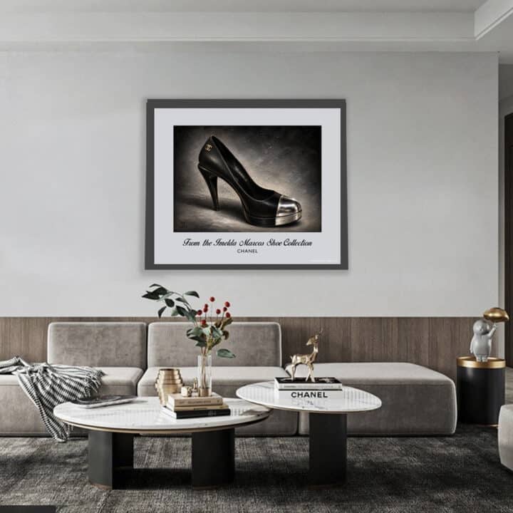Chanel Imelda Marcos Shoe Print framed as wall art in a contemporary lounge setting