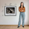 Chanel Imelda Marcos Shoe Print size comparison showing 30 x 24 inch framed print beside a woman