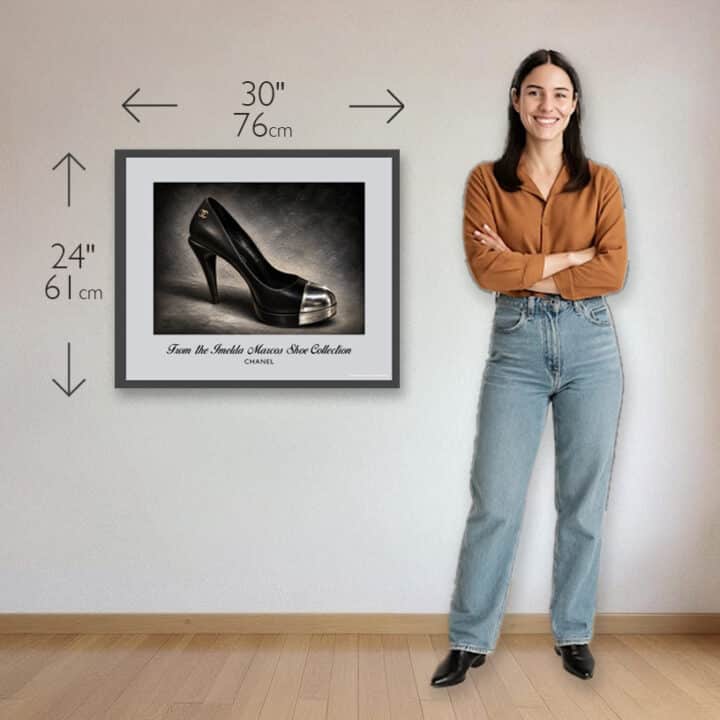 Chanel Imelda Marcos Shoe Print size comparison showing 30 x 24 inch framed print beside a woman