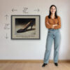 Charles Jourdan Serenade Pump 30 x 24 inch art print shown beside a woman to demonstrate the framed print size.