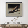Framed Charles Jourdan Serenade Pump art print from the Imelda Marcos Shoe Collection displayed as dining room wall art.