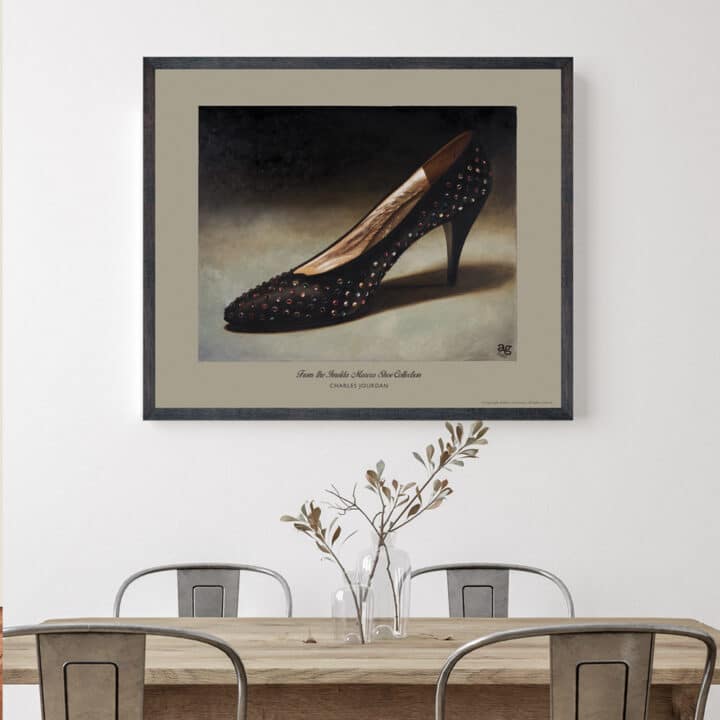 Framed Charles Jourdan Serenade Pump art print from the Imelda Marcos Shoe Collection displayed as dining room wall art.