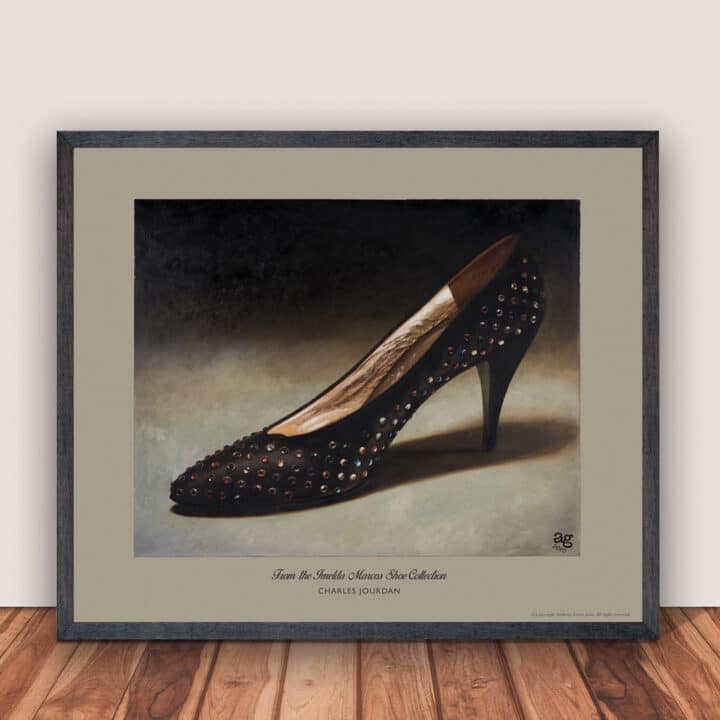Framed Charles Jourdan Serenade Pump print ready to hang, featuring the black satin rhinestone shoe from the Imelda Marcos Shoe Collection.
