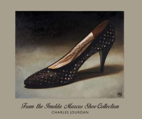 Charles Jourdan Serenade Pump from the Imelda Marcos Shoe Collection, black satin with rhinestone jewels and gold metallic lining.