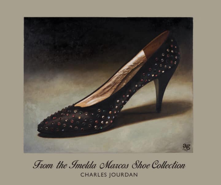 Charles Jourdan Serenade Pump from the Imelda Marcos Shoe Collection, black satin with rhinestone jewels and gold metallic lining.