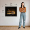 Christian Dior D’Orsay Pump 30 x 24 inch art print shown beside a woman to demonstrate the framed print size.