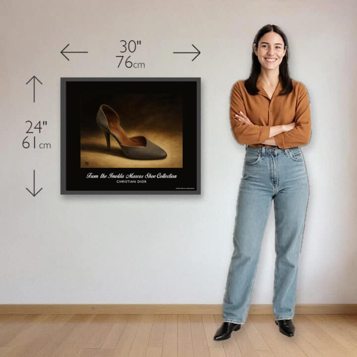 Christian Dior D’Orsay Pump 30 x 24 inch art print shown beside a woman to demonstrate the framed print size.