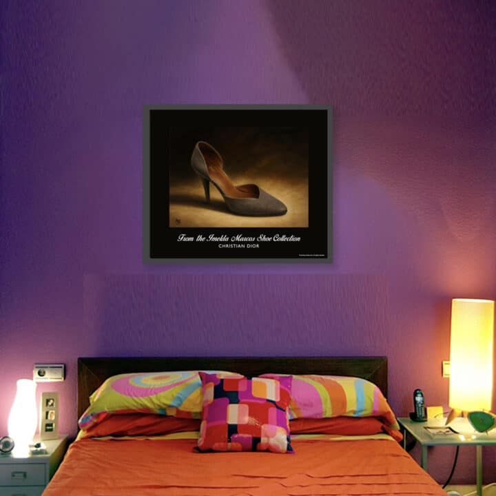 Framed Christian Dior D’Orsay Pump art print from the Imelda Marcos Shoe Collection displayed as bedroom wall art.