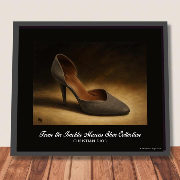 Framed Christian Dior D’Orsay Pump art print from the Imelda Marcos Shoe Collection, shown ready to hang on a wall.