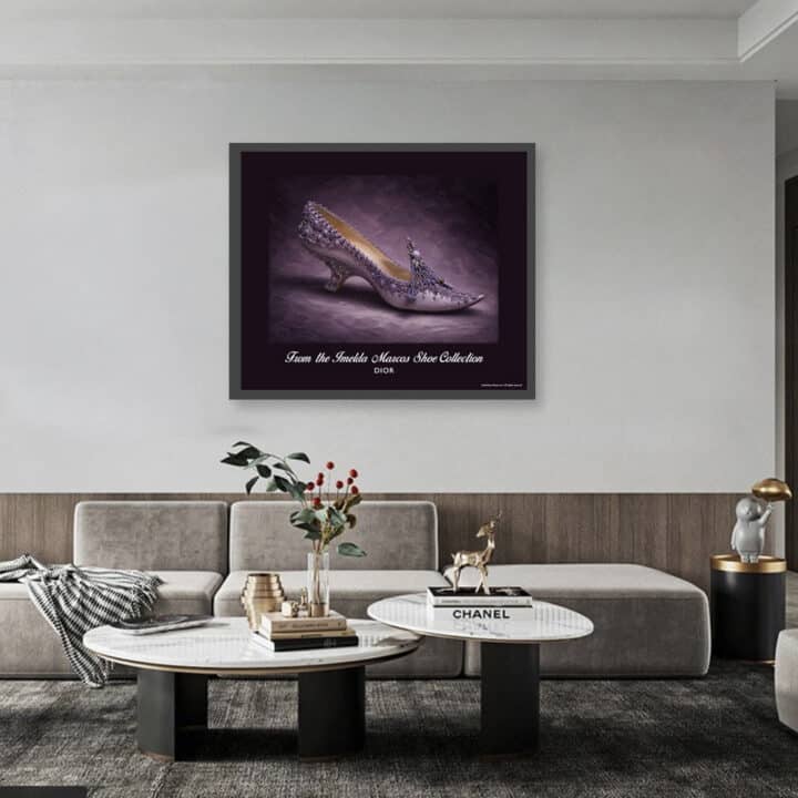 Framed Christian Dior D’Orsay Pump art print from the Imelda Marcos Shoe Collection displayed in a contemporary living room.