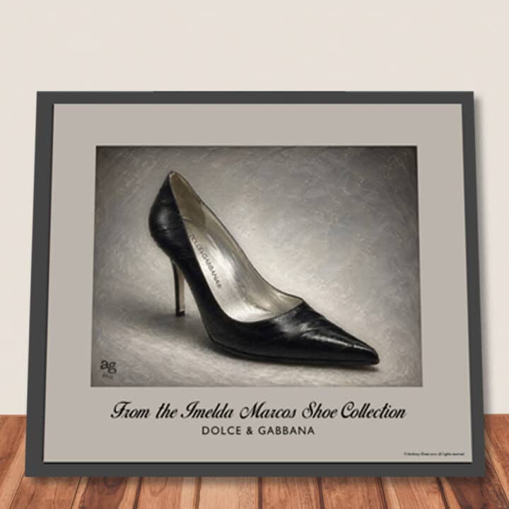 Framed Dolce & Gabbana Eel Skin Pump art print from the Imelda Marcos Shoe Collection, shown ready to hang.