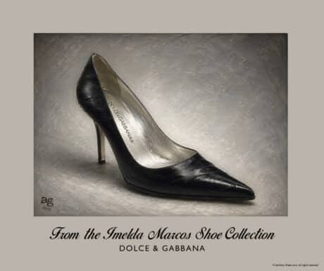 Dolce & Gabbana Eel Skin Pump from the Imelda Marcos Shoe Collection, with black eel skin, silver metallic lining and stiletto heel.