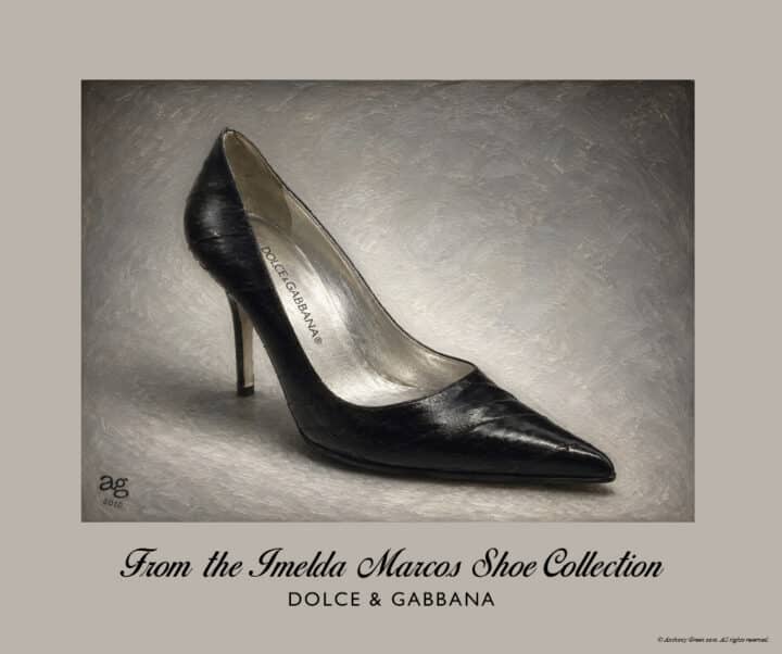 Dolce & Gabbana Eel Skin Pump from the Imelda Marcos Shoe Collection, with black eel skin, silver metallic lining and stiletto heel.