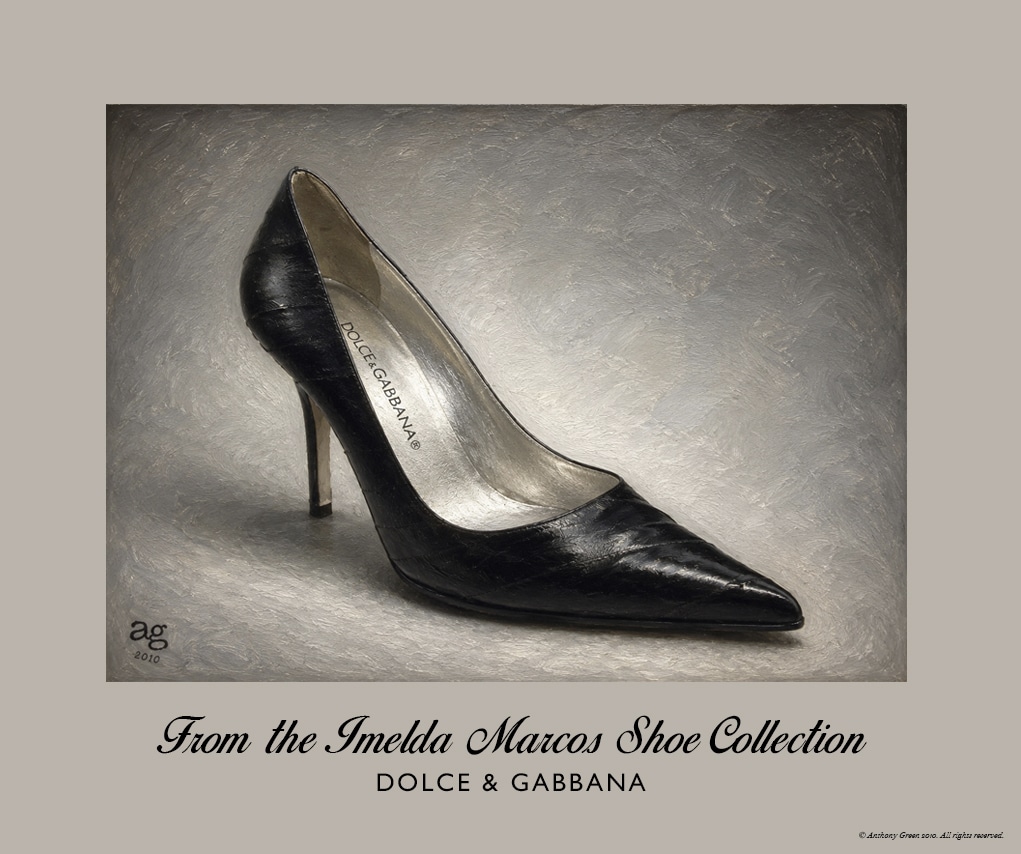 Dolce & Gabbana Eel Skin Pump from the Imelda Marcos Shoe Collection, with black eel skin, silver metallic lining and stiletto heel.