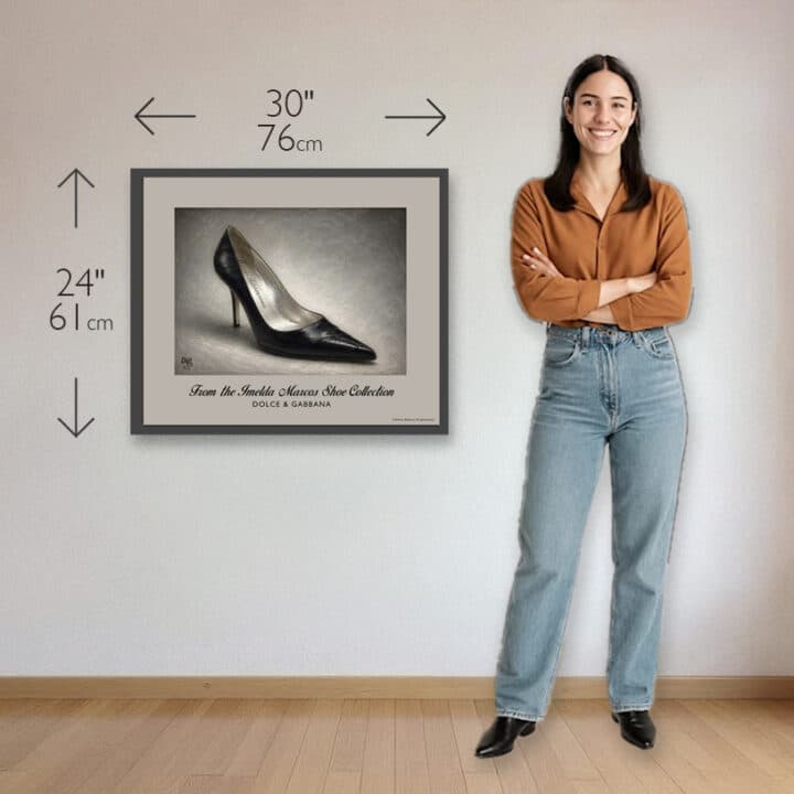 Dolce & Gabbana Eel Skin Pump framed art print showing 30 × 24 inch (76 × 61 cm) size beside a person for scale.