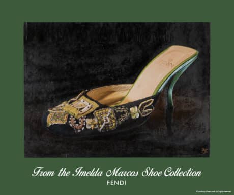 Fendi Imelda Marcos shoe print of black beaded kitten mule embroidered with flowers and pearls on green lambskin heel