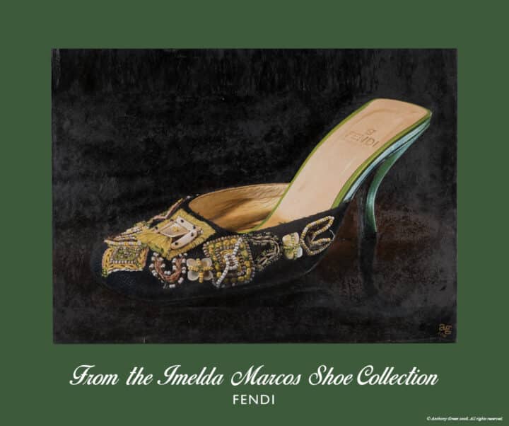 Fendi Imelda Marcos shoe print of black beaded kitten mule embroidered with flowers and pearls on green lambskin heel