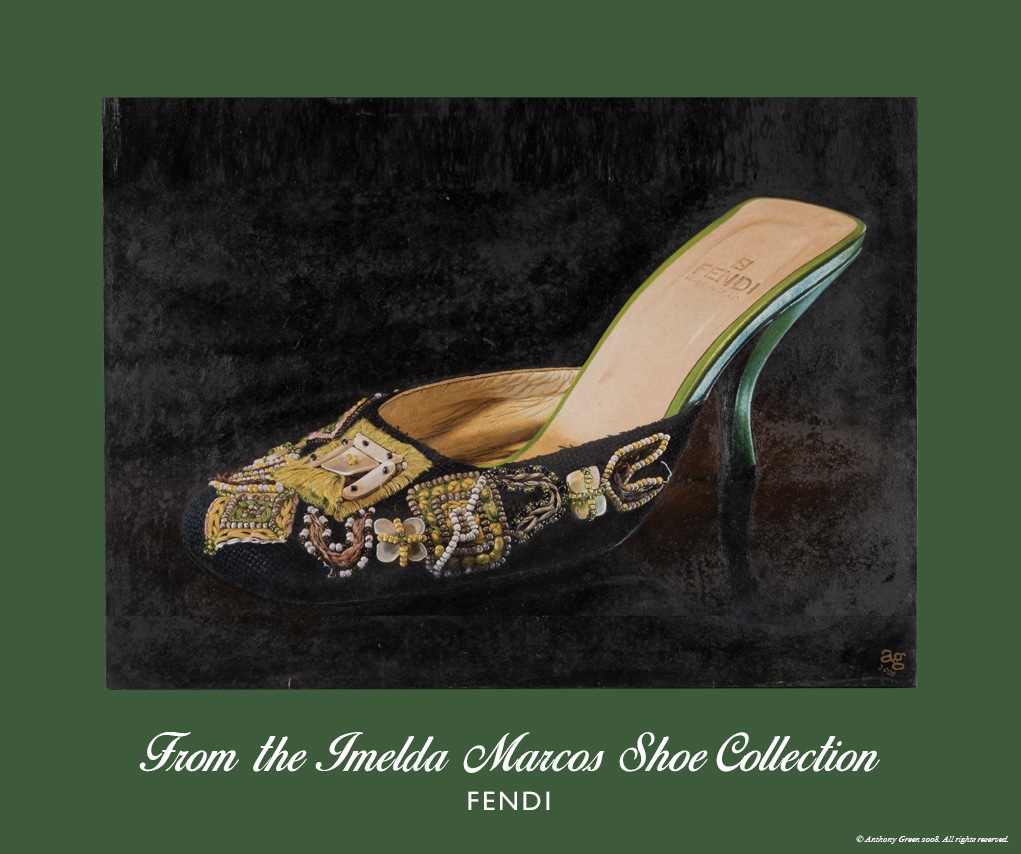 Fendi Imelda Marcos shoe print of black beaded kitten mule embroidered with flowers and pearls on green lambskin heel