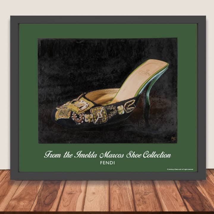 Framed Fendi Imelda Marcos shoe print featuring a black beaded kitten mule with flowers and pearls