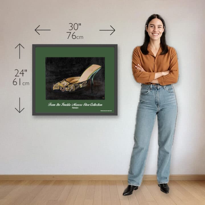 Fendi Imelda Marcos shoe print size comparison showing 30 x 24 inch framed print beside a woman