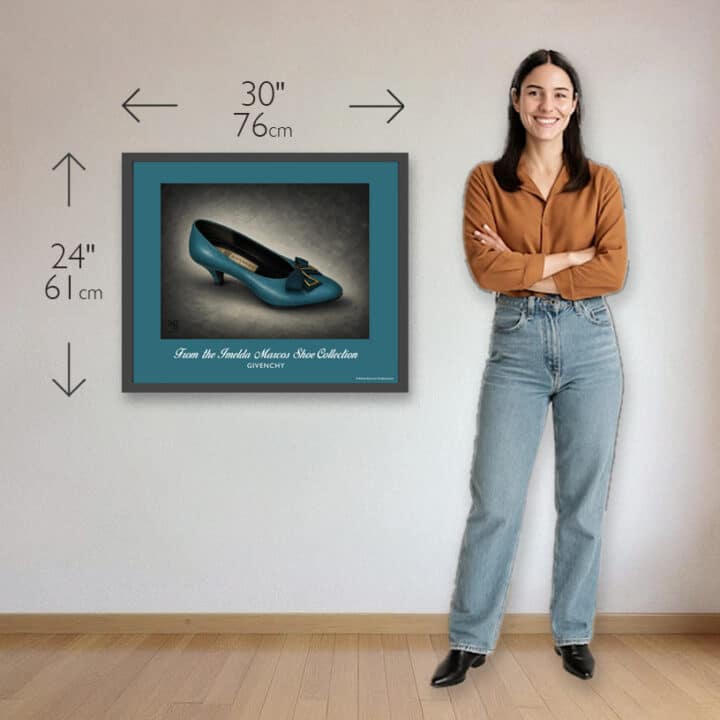 Givenchy Paris Kitten Heel shoe print size shown as 30 x 24 inches (76 x 61 cm) with turquoise leather shoe artwork.