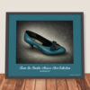 Framed Givenchy Paris Kitten Heel shoe print in textured turquoise leather with teal fabric and gold bow, ready to hang.