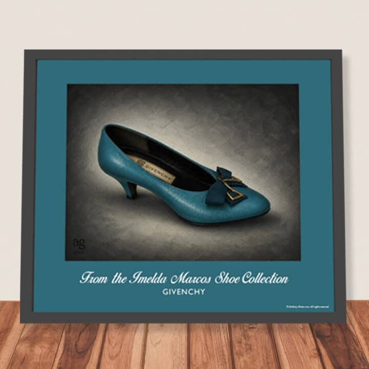 Framed Givenchy Paris Kitten Heel shoe print in textured turquoise leather with teal fabric and gold bow, ready to hang.