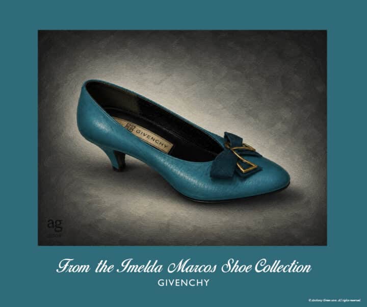 Givenchy Paris Kitten Heel in textured turquoise leather with gold and teal fabric bow from the Imelda Marcos Shoe Collection.