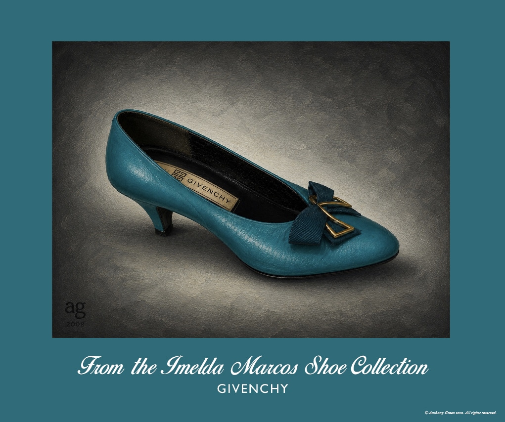 Givenchy Paris Kitten Heel in textured turquoise leather with gold and teal fabric bow from the Imelda Marcos Shoe Collection.