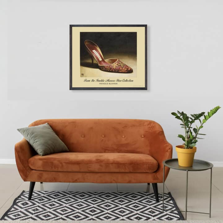 Manolo Blahnik shoe print featuring red satin embroidered heels with gold floral piping displayed in a bright contemporary living room.