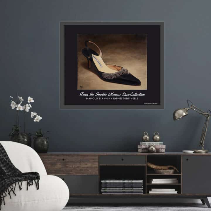 Manolo Blahnik Rhinestone Heels art print displayed in a dark contemporary interior, from the Imelda Marcos Shoe Collection