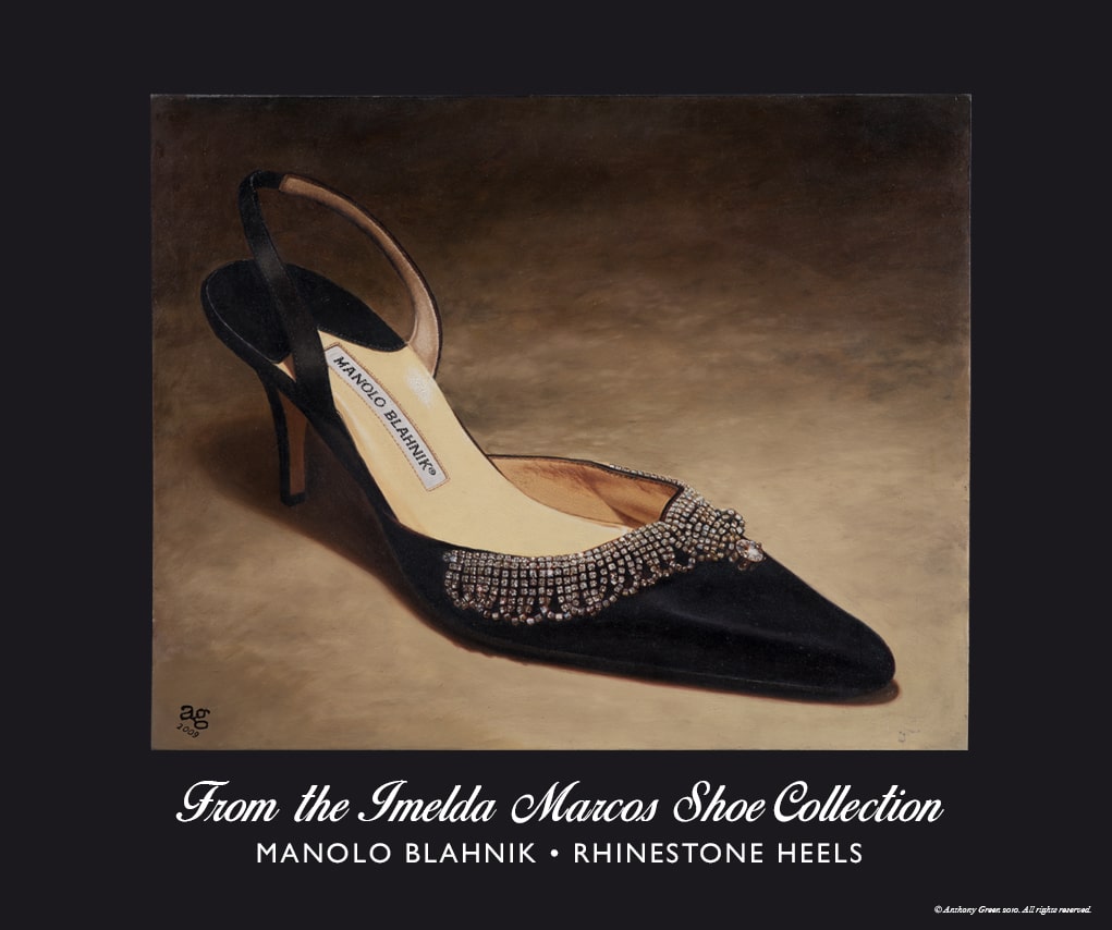 Manolo Blahnik rhinestone heels, black silk slingback pumps from the Imelda Marcos Shoe Collection