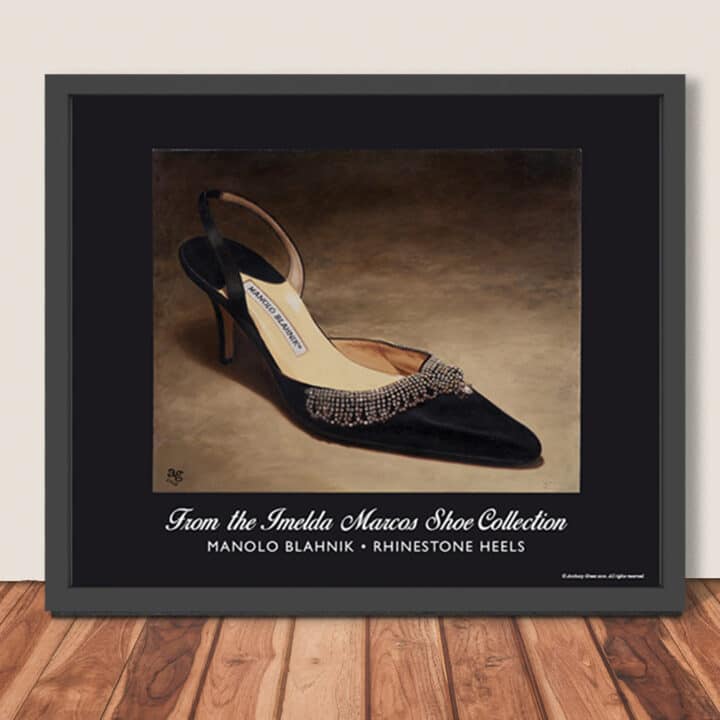 Manolo Blahnik Rhinestone Heels framed art print ready for hanging, featuring a black silk crystal-embellished slingback pump
