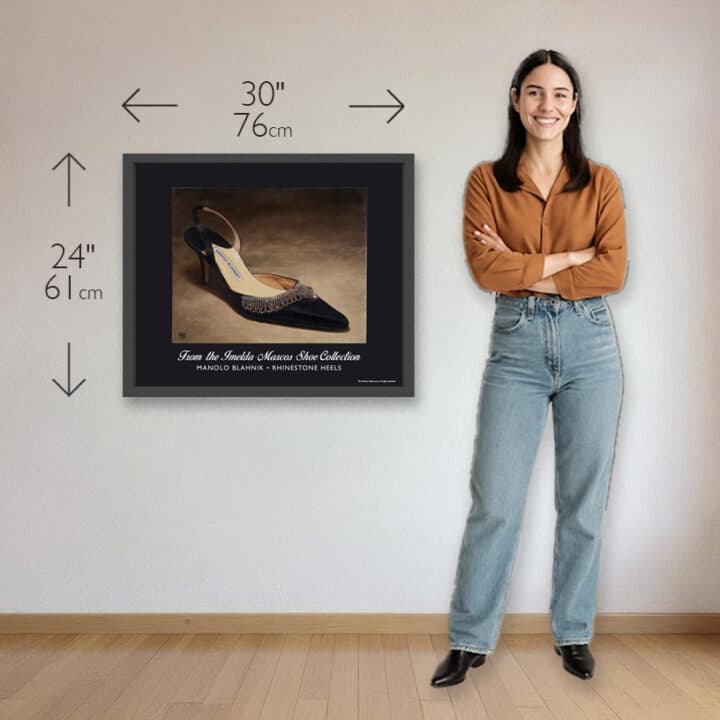 Manolo Blahnik Rhinestone Heels framed art print showing 30 x 24 inch size beside a woman for scale