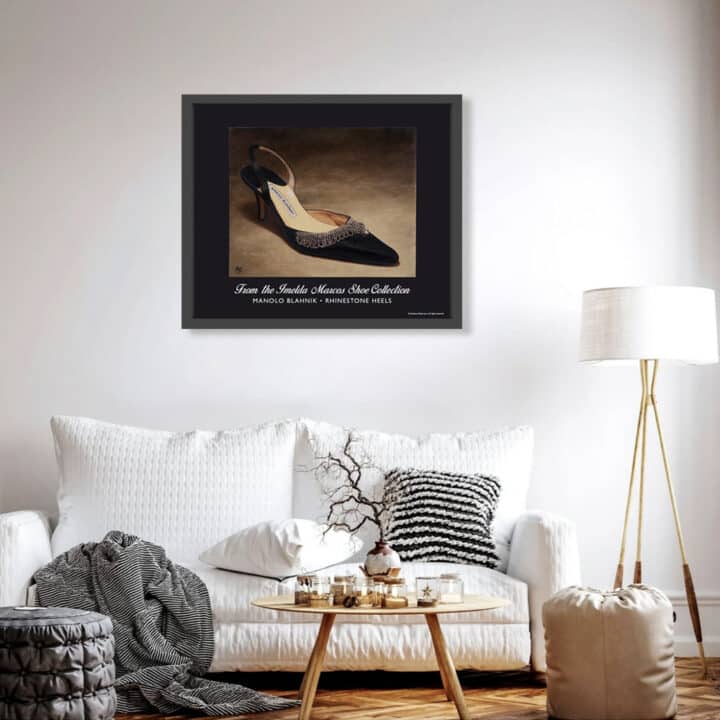 Manolo Blahnik Rhinestone Heels art print displayed in a contemporary living room, from the Imelda Marcos Shoe Collection