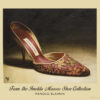 Manolo Blahnik shoe print of red satin tapestry embroidered heels with gold floral piping from the Imelda Marcos Shoe Collection.