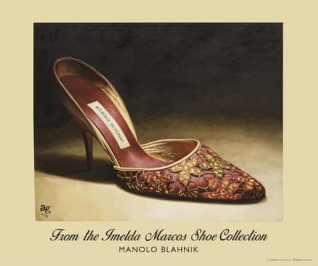 Manolo Blahnik shoe print of red satin tapestry embroidered heels with gold floral piping from the Imelda Marcos Shoe Collection.